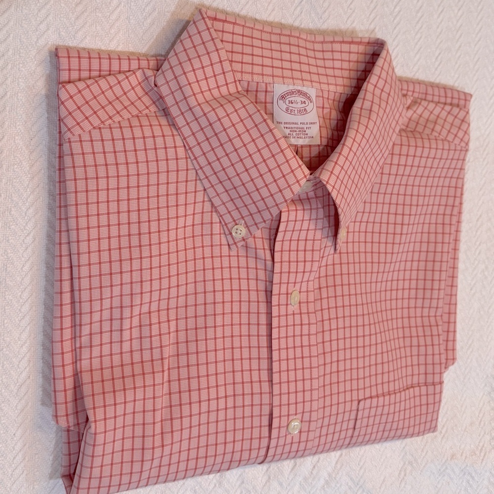 Brooks Brothers Dress Shirt Orange checked pattern 16.5/34 100% Cotton Vintage